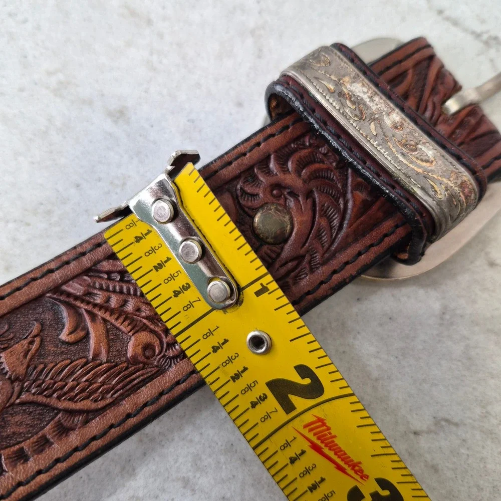 Silver Creek Belt Tooled Leather Eagle Tip 36 Brown Mens